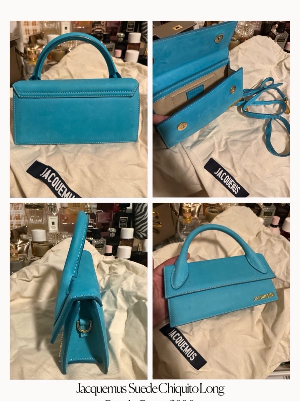 Jacquemus Turquoise Suede Chiquito Long Top-Handle Mini Bag